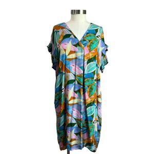 UMGEE Multicolored Leaf Print 100% Rayon V Neck Short Sleeve Dress Size M